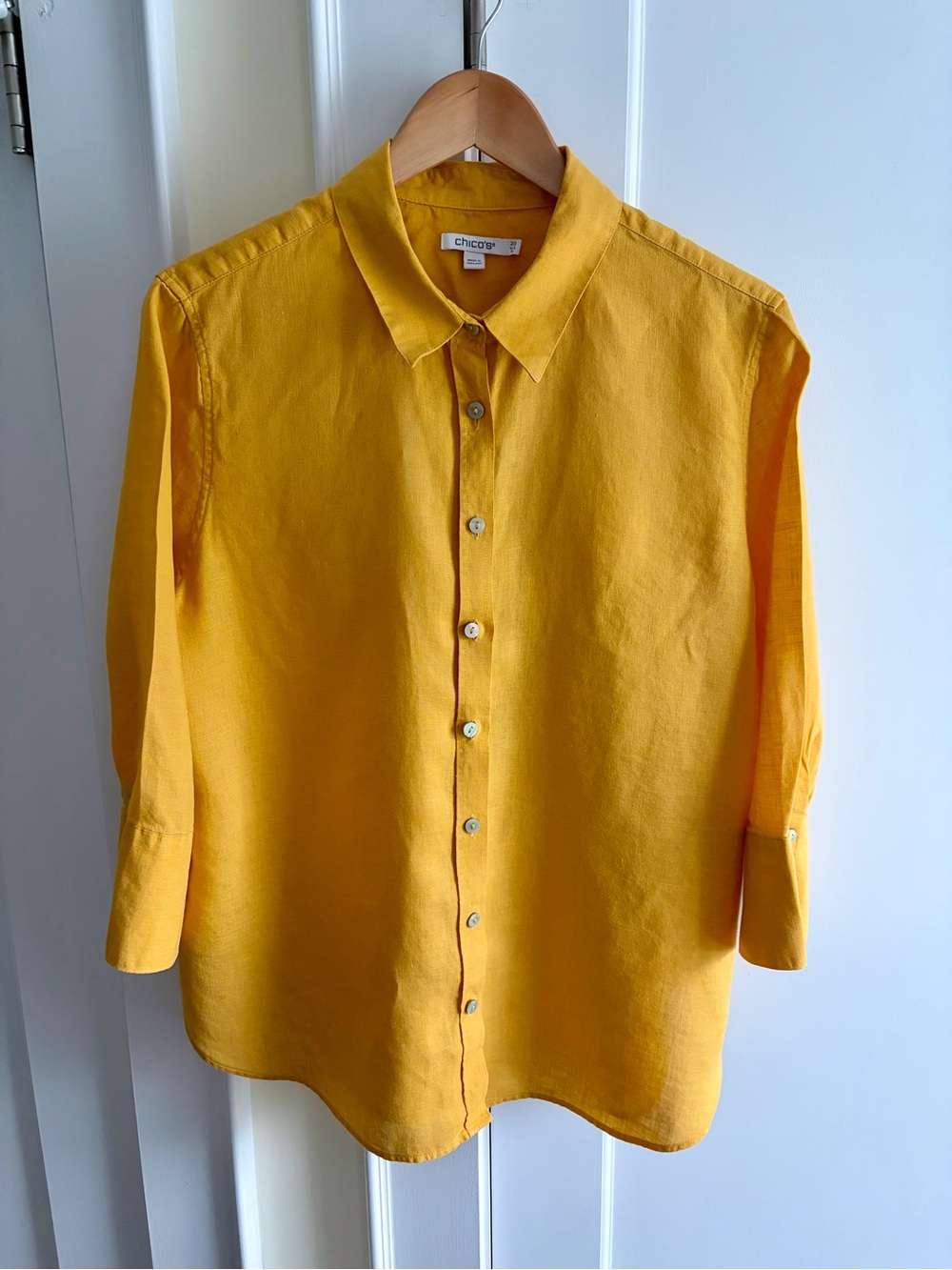 Chico's Women's Mustard Yellow Linen Button-Front Shirt